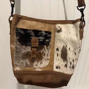 Brown and Cream Leather and Cowhide Shoulder Bag